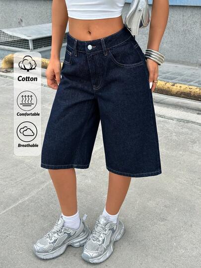 EURMUSE WOMEN LOW WAIST LONG STRAIGHT WAIST SHORT DARK BLUE WASH PETITE SIZE