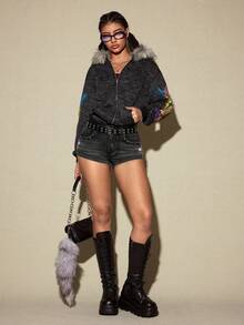 ROMWE Avant Shorts vaqueros mini de talle súper bajo con decoración de cristales, estilo retro Y2K sexy para mujer - Negro - Ver 3