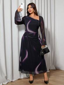 Modelyn Plus Size Knit Mesh Print Black Long Sleeve Ruched Elegant Fitted Dress - Black - View 4