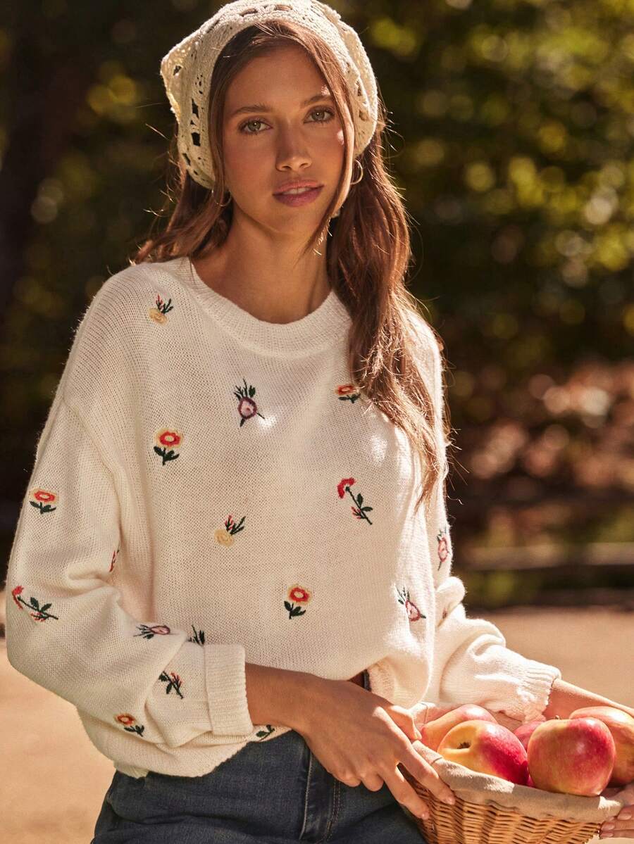 WESTFADE 圆领花卉刺绣长袖宽松套头毛衣，可爱秋季针织上衣，适合秋季、冬季、波西米亚风、休闲风、西部风、乡村风、假日风、感恩节等场合。 - 彩色 - 查看 1