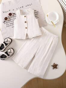 夏季 Babygirl 休闲简约杏色无袖上衣和松紧腰宽松裤套装 - 米色 - 查看 2