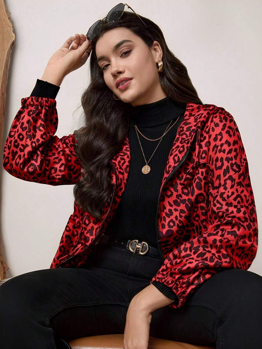 SHEIN LUNE Áo khoác cỡ lớn in họa tiết toàn thân, có dây rút ở eo, có mũ trùm đầu, có túi, thích hợp cho mùa thu đông. Áo khoác in họa tiết da báo đỏ, áo khoác in họa tiết da báo đỏ đen, áo khoác in họa tiết động vật cỡ lớn, áo khoác in họa tiết động vật cỡ lớn, áo khoác in họa tiết da báo đỏ đen. - Đỏ - Xem 1