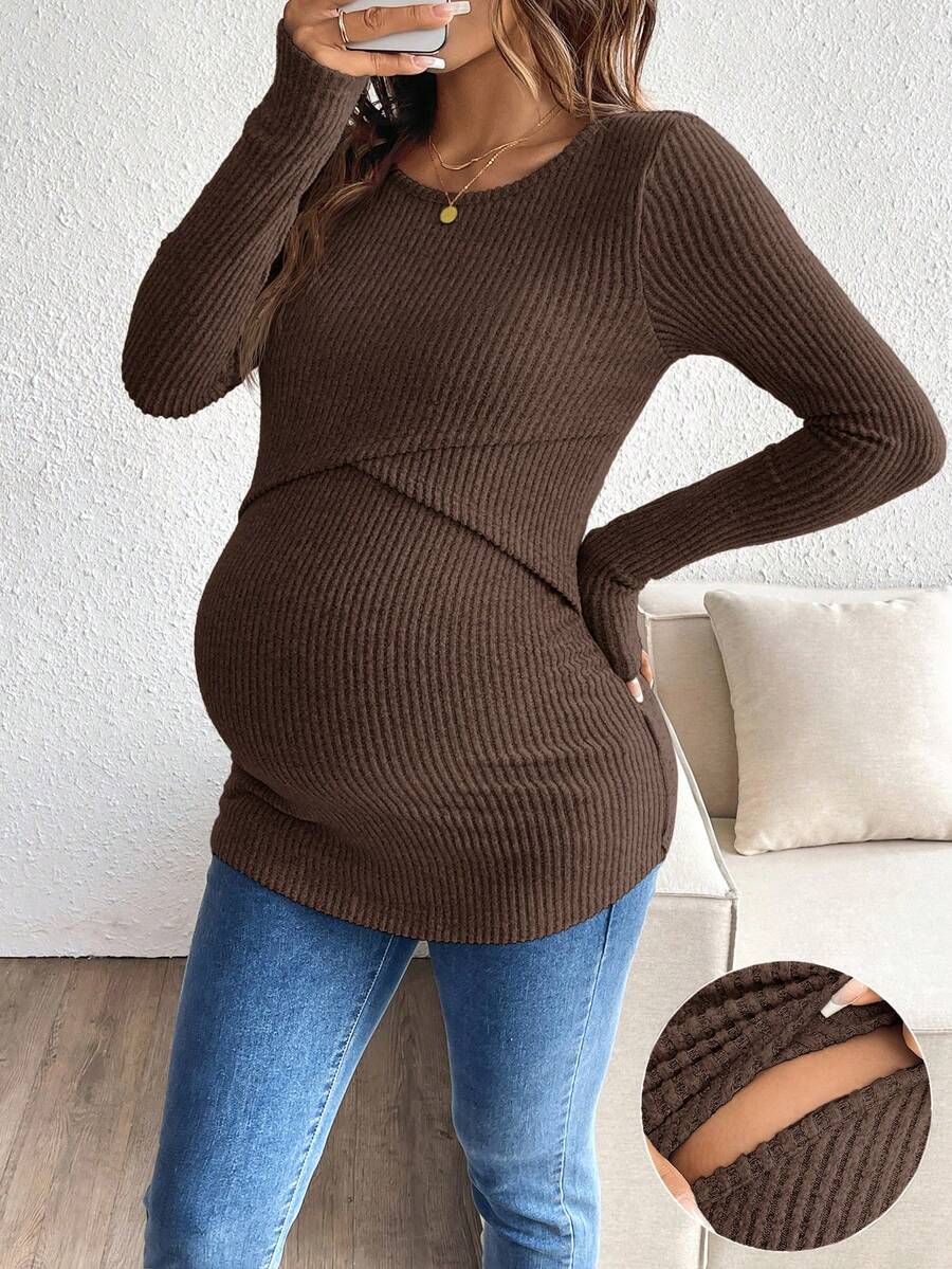 SHEIN Nursing Solid Color Round Neck Drop Shoulder Long Sleeve Fitted Ribbed Top Pregnant Outfits Ribbed Maternity Top Brown Maternity Top Pregnancy Clothes Maternity Clothes Fall - Coffee Brown - View 1