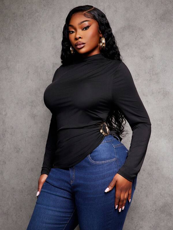 SHEIN SXY Capa base de cuello alto ajustada con decoración de hebilla metálica, de tela elástica de punto vintage y cómoda para mujer de talla grande, para otoño/invierno