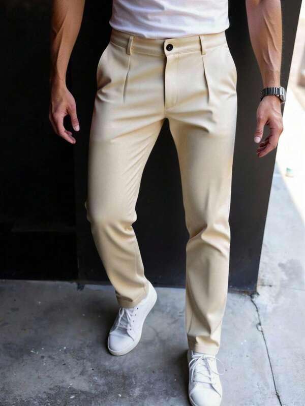 Manfinity Bizformal Pantalones casuales de hombre con bolsillo en diagonal, unicolor, color beige, estilo formal de negocios, otoño, dinero antiguo