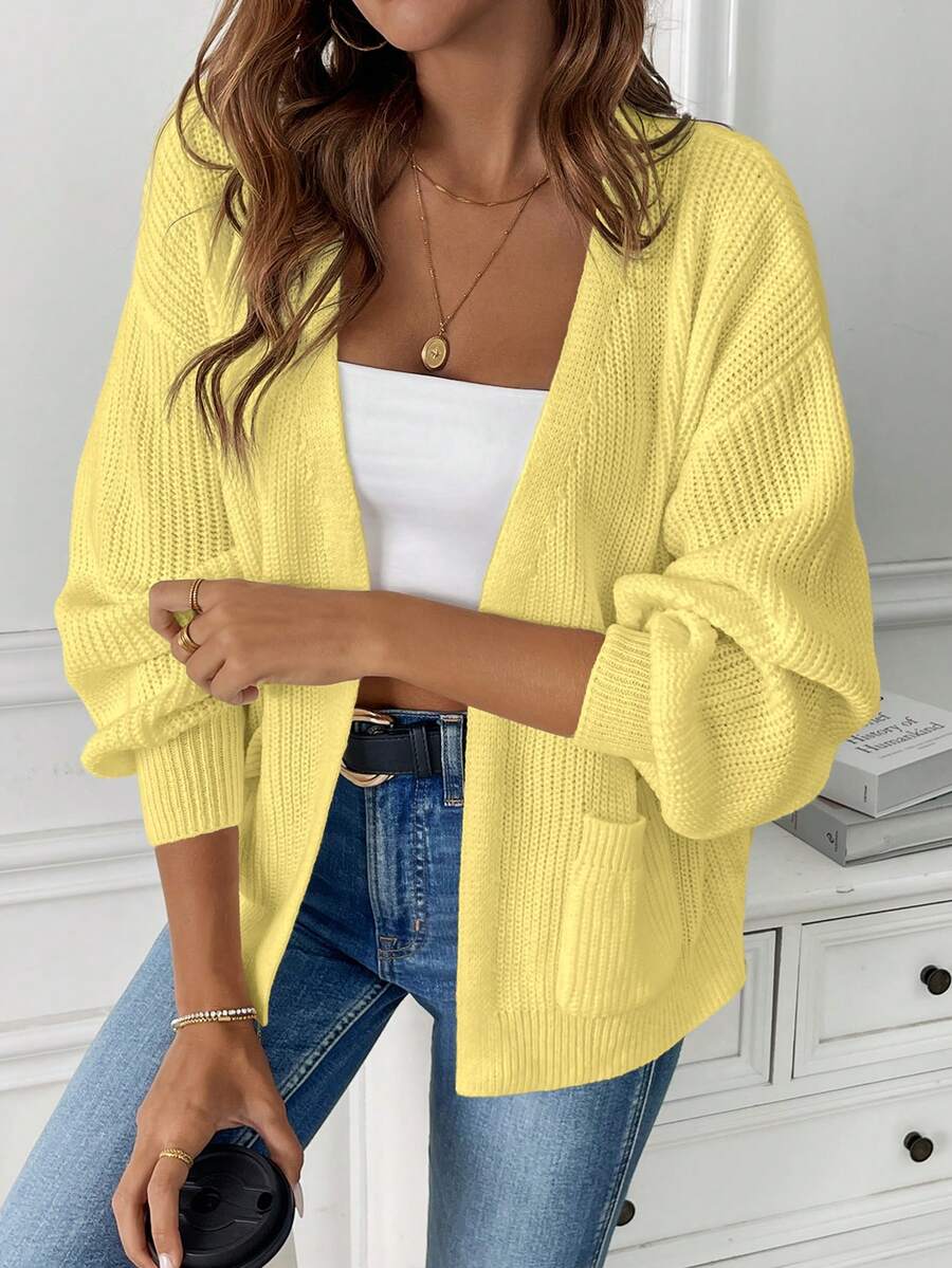 SHEIN LUNE Women's Short Cardigan With Pockets And Contrast Color - Yellow - View 1