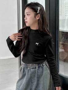 DAZY 女童圓領針織保暖內裡蝴蝶結印花T恤，秋季長袖上衣 - 黑色 - 查看 2