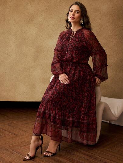 MOTF PREMIUM PLUS BOHEMIAN PRINT LONG SLEEVE RUFFLE HEM ROMANTIC DRESS