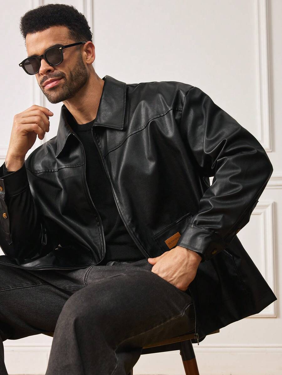 EASEVO 大码男士时尚PU贴片拉链夹克