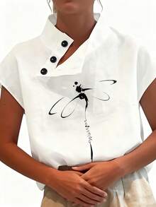 EMERY ROSE 休闲简约女士圆领纽扣设计衬衫，女士休闲不对称，纽扣短袖立领常规版型常规白色蝙蝠袖上衣女士衬衫，春夏，休闲日常穿着