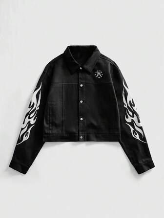 Street Life جاكيت رجالية كاجوال فضفاضة أحادية الصدر بأكمام طويلة وطبعة لهب