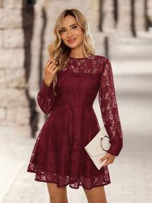 EMERY ROSE Đầm ngắn thanh lịch cổ tròn tay raglan màu trơn cho nữ, viền ren nhún eo - Màu Đỏ Sâu - Xem 5