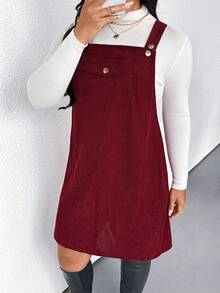 Elenzga Plus Size Women's Solid Color Strap Dress, Versatile Casual, Elegant & Loose Fit, Suitable For Valentine's Day & Christmas, Autumn/Winter - Burgundy - View 8