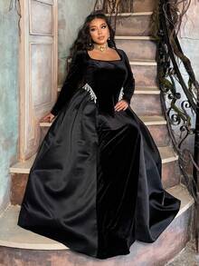 Lyrianda 优雅方领天鹅绒珍珠装饰修身长袖超长 A 字裙，大码女装，适合舞会、派对、秋冬 - 黑色 - 查看 3