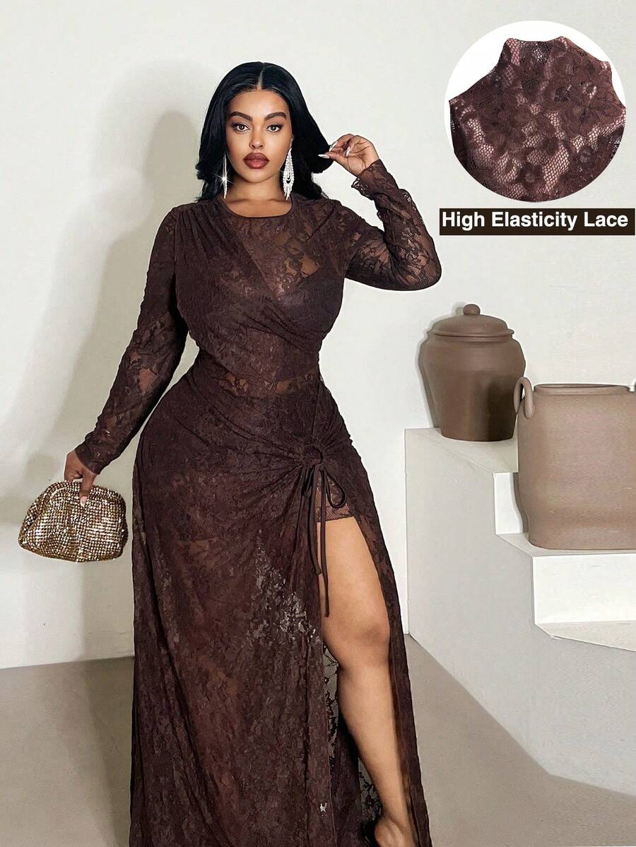 Maweii Đầm gợi cảm, xuyên thấu, ren, xẻ tà, dáng suông dành cho nữ cỡ lớn, thích hợp mặc đi làm hoặc dự tiệc, mùa Thu/Đông. - Cà phê nâu - Xem 1
