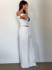 Abrilcols 女士纹理简约宽松阔腿白色裤子 - 白色 - 查看 5