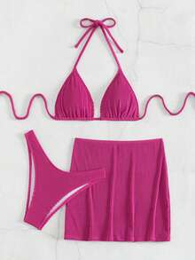 Costavie Bộ bikini dây cổ màu trơn đi biển mùa hè cho nữ kèm váy che, 3 chiếc - Màu Hồng Tươi - Xem 4