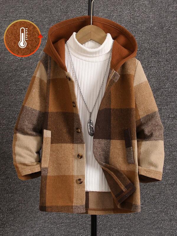 SHEIN Young Boys' Fashionable Single Jacket, This Is A Woven Thick Plaid Patchwork Knit Fleece Hoodie Sweatshirt Jacket, Simple And Elegant Button Design, Easy To Wear, Suitable To Pair With Jeans Or Casual Pants, Suitable For Autumn/Winter, Daily Wear, School, Travel, Warm And Windproof