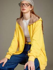 Elnivra 女式长袖连帽格子拼布运动衫夹克，黄色口袋休闲复古美式针织运动衫，返校秋季时尚