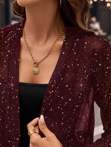 Editum Women's Autumn Shiny Long Sleeve Open Front Short Fashion Jacketfall/Winter Elegant Halloween New Year Party - Burgundy - View 9