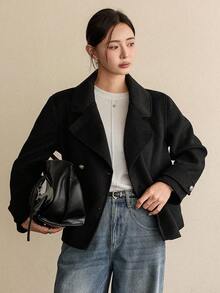 Dazy-Less Áo khoác ngắn dáng rộng, dày dặn, thoải mái cho nữ, áo khoác ngoài công sở thanh lịch cho mùa thu đông - màu đen - Xem 4