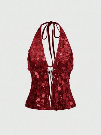 Grunge Punk Top de tirantes con cuello halter, sexy, con lentejuelas y colgante cruzado, ideal para festivales de música, fiestas de Año Nuevo y estilo Y2K