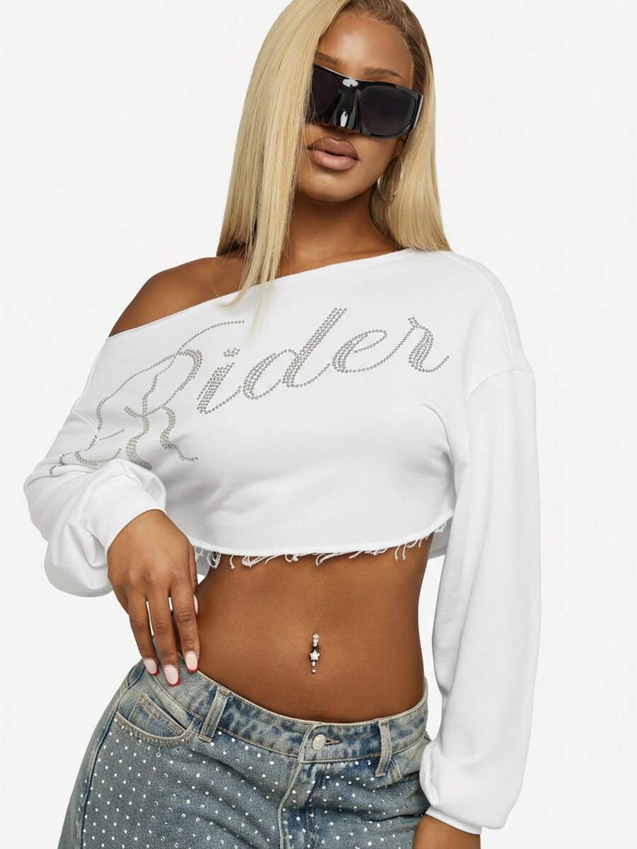 SUMWON WOMEN Rhinestone Rider Off Shoulder Cropped Sweatshirt With Raw Hem Detail Long Sleeves - White - View 1