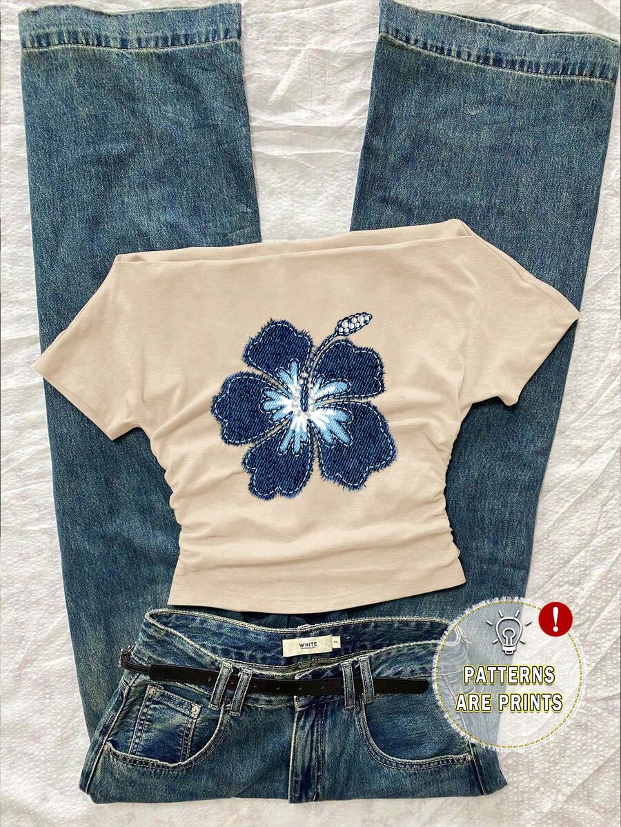 Attitoon 蓝色花卉图案女式休闲褶皱腰露肩紧身短袖 T 恤，适合夏季 - 杏色 - 查看 1