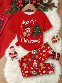 圣诞系列、红色圣诞节、复古趣味驯鹿、圣诞树、雪花、雪人图案印花、少女休闲简约舒适柔软短袖睡衣套装、适合舒适家居服、圣诞睡衣派对、女童睡衣套装、红色圣诞睡衣、舒适单人睡衣、短袖舒适两件套睡衣、圣诞睡衣 - 彩色 - 查看 3