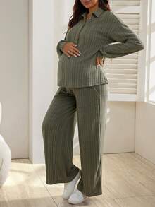 SHEIN 2pcs Maternity Solid Color Casual Long Sleeve Shirt And Pants Set