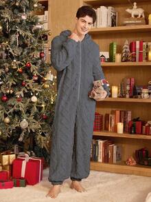 CoupledUp Solid Color Zipper Plush Jacquard Hooded Men's Fluffy Cozy Winter Jumpsuit Loungewear - Dark Grey - View 5