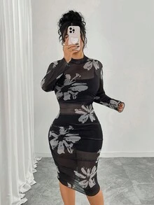 Elenzga Plus Size Women's Floral Print Stand Collar Dress For New Year Clothes - Black - View 3