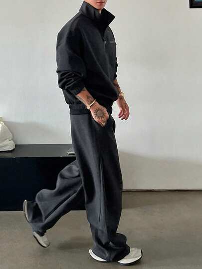 DAZY 男士纯色深灰色加厚套头卫衣套装，秋冬四分之一拉链款