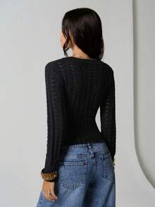 SHEIN TRNDY 1pc Women's Black Pullover Sweater, Minimalist & Versatile, Round Neck, Waist Cinched, Long Sleeve, Knitted, Casual, Autumn/Winter - Black - View 2