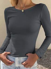 FRIFUL Áo thun nữ cổ tròn tay dài, lót nhiệt màu trơn, dáng ôm - Màu Xám nhạt - Xem 3