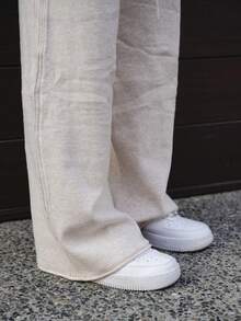 SAYEHFBABY 2 件套女士纯色圆领落肩长袖毛衣和阔腿针织裤套装，秋冬 - 杏色 - 查看 6