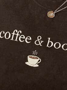 INAWLY 1 Áo thun cổ tròn thường ngày dành cho nữ có thêu họa tiết "Cà phê & Sách" - Rỉ Nâu - Xem 3