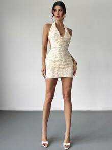 Firerie 女式低胸露背性感挂脖迷你亮片连衣裙 - 杏色 - 查看 7