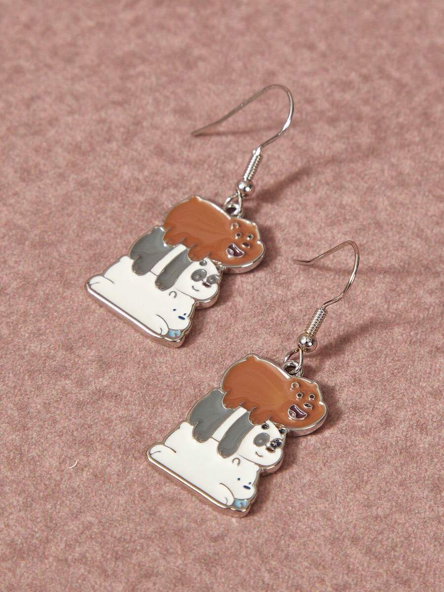 We Bare Bears X SHEIN 1 Pair Fashionable Women's Cartoon Bear Pattern Casual Zinc Alloy Earrings - Platinum - View 1