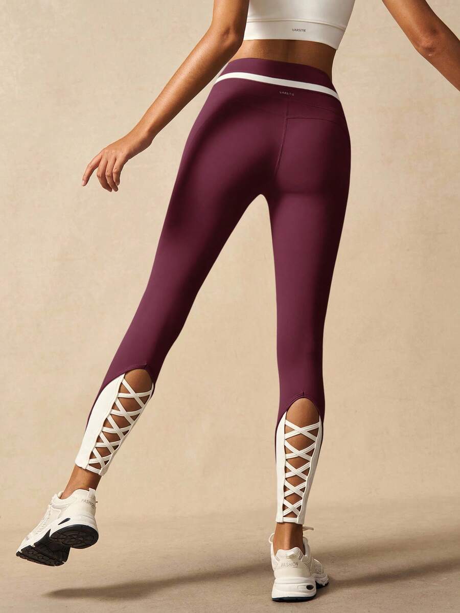 VARSIVA Women Leggings Women's Long Knitted Sports Leggings With Stylish Lace-Up Detail And Functional Pocket Cut Out Leggings Light Grey Leggings Criss Cross Leggings Workout Leggings Yoga Leggings