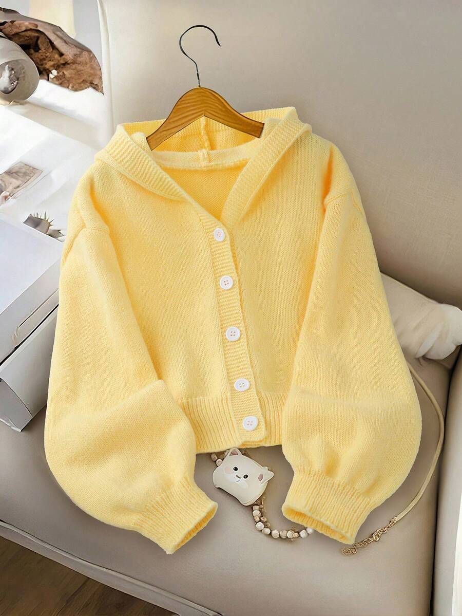 SHEIN Genkimix Kids 女童时尚休闲清新短款纯色连帽针织开衫,秋冬 - 黃色 - 查看 1