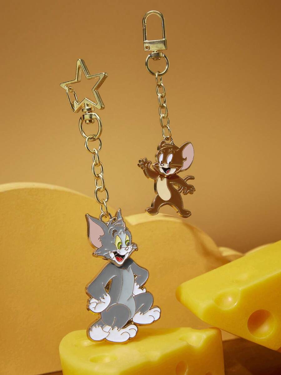 TOM & JERRY X SHEIN 可爱卡通锌合金滴油钥匙扣包挂件，头部可摇晃，趣味十足 - 彩色 - 查看 1