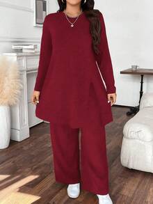 Calvaya Plus Size Women Casual Solid Color Long Top & Pant2 Piecesce Set - Burgundy - View 5