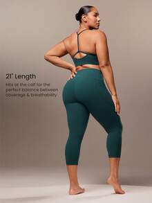 GLOWMODE 21'' FeatherFit™ Plus Size High-Rise Waist Leggings With Side Pockets Low Impact Yoga Daily - Dark Green - View 2