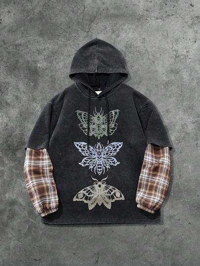 Street Life Felpa con cappuccio da uomo in 2 in 1 con motivo a quadri e lavorazione lavata con acido