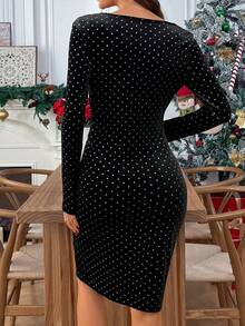 EMERY ROSE 女士优雅波尔卡圆点印花修身中长连衣裙 - 黑色 - 查看 2