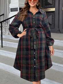 SHEIN LUNE 大码休闲格子 Polo 领纽扣前系腰长袖连衣裙，适合圣诞节和秋冬季长款女装 - 寶藍色 - 查看 4