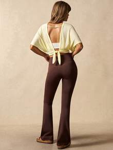 VARSIVA Áo thun thể thao ngắn tay dáng lửng cổ chữ V sâu họa tiết cánh dơi màu trơn dành cho nữ - Màu vàng - Xem 5