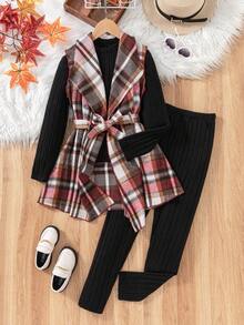 Sparklyn 3pcs Tween Girls Casual Plaid Lapel Vest With Belt + Ribbed Long Sleeve Leggings + Jacket Outfit Set - Multicolor - View 1