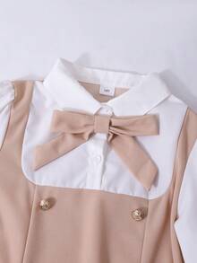 SHEIN 少女甜美学院风蝴蝶结领金属纽扣拼色2合1休闲连衣裙 - 杏色 - 查看 3